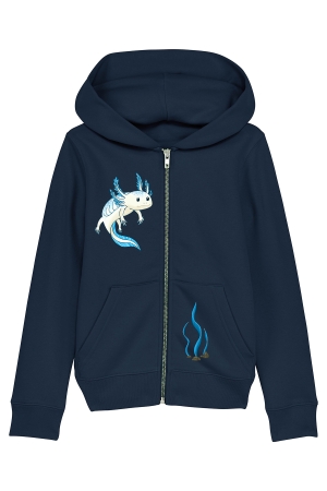 Jacke für Kinder in blau mit blauem Axolotl und Seegras