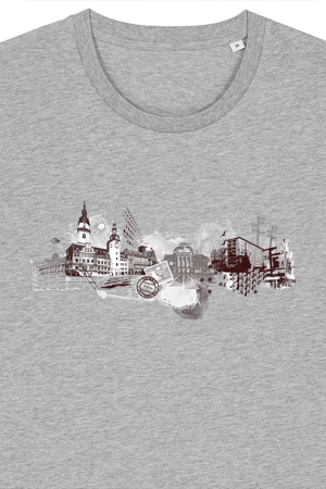 Preview: T-Shirt "Chemnitz-City", grau meliert, Herren Shirt, bedruckt Preview: Kulturhauptstadt-Motiv in Rotbrauntönen