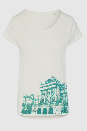 Vorderseite weißes Damenshirt mit gedruckter Oper