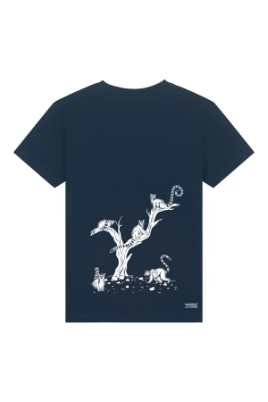 T-Shirt für Kinder in navy mit weißer Lemurenbande und Baum -Rückenprint