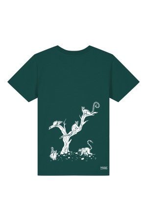 T-Shirt für Kinder in dunkelgrün mit weißer Lemurenbande und Baum -Rückenprint