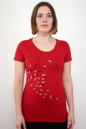 Preview: rotes Shirt mit Vogelschwarm