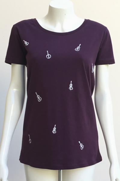Damenshirt Instrumente, aubergine, Streichinstrumente
