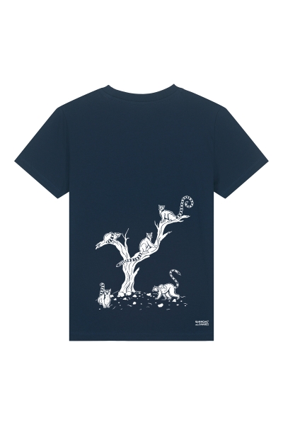 T-Shirt für Kinder in navy mit weißer Lemurenbande und Baum -Rückenprint