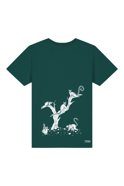 T-Shirt für Kinder in dunkelgrün mit weißer Lemurenbande und Baum -Rückenprint