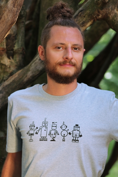 Roboter T-Shirt in eisblau meliert, Herren, Siebdruck