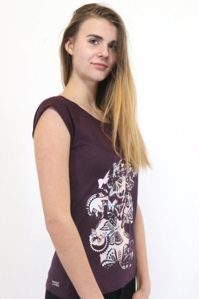 auberginefarbenes Damenshirt mit Schmetterlingsmotiv