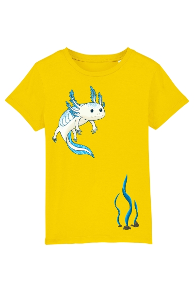 T-shirt für Kinder in gelb mit blauem Axolotl und Seegras
